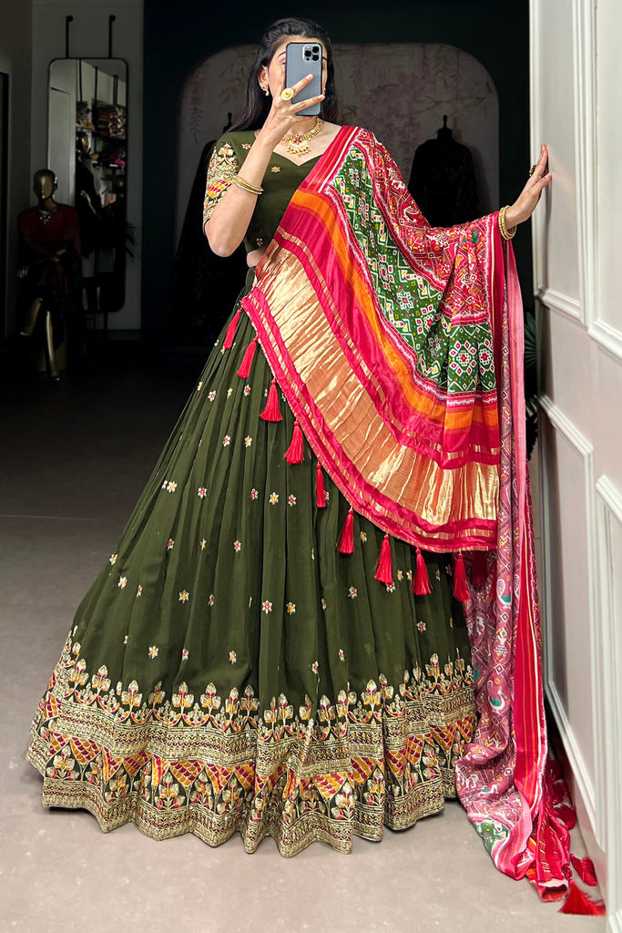 Wonderful Olive Green Embroidered Georgette Mehendi Wear Lehenga