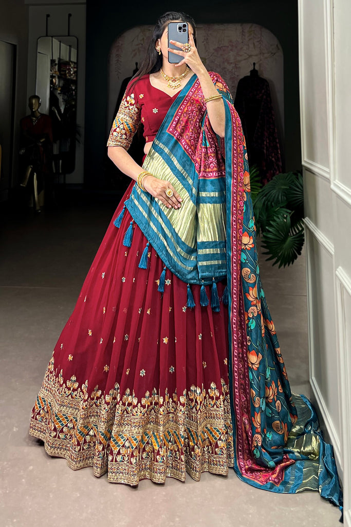 Shocking Maroon Georgette Wedding Lehenga Choli With Gaji Silk Dupatta