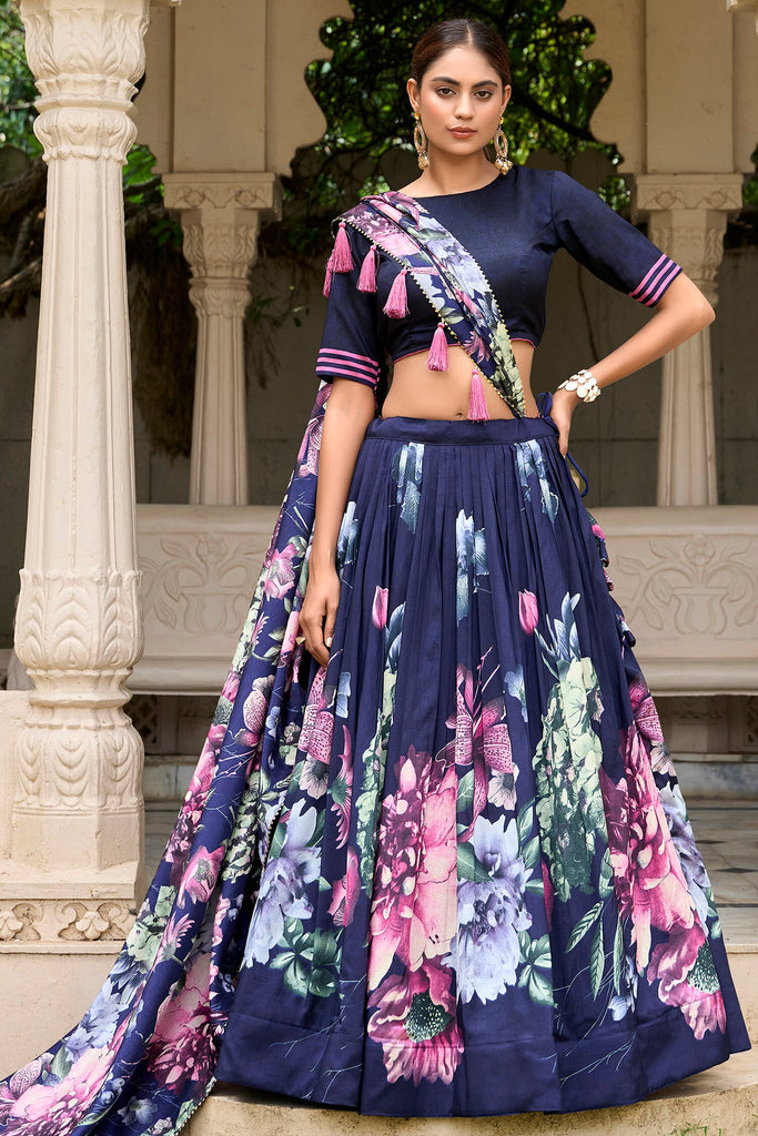 Lovable Navy Blue Floral Printed Silk Event Wear Lehenga Choli