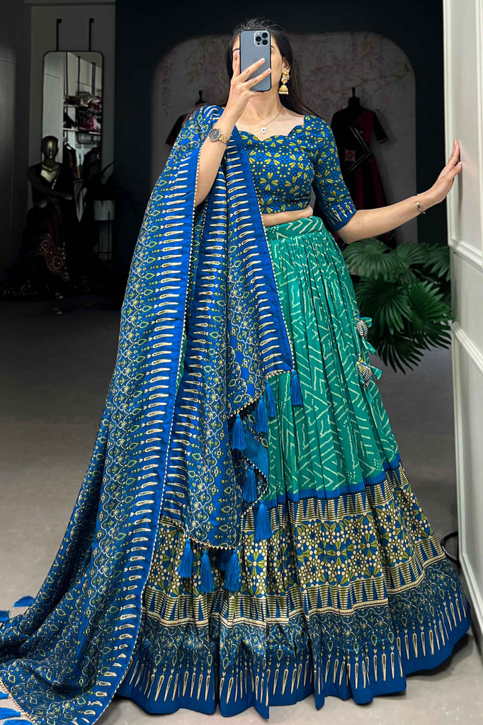 Wonderful Blue Printed Tussar Silk Traditional Lehenga Choli