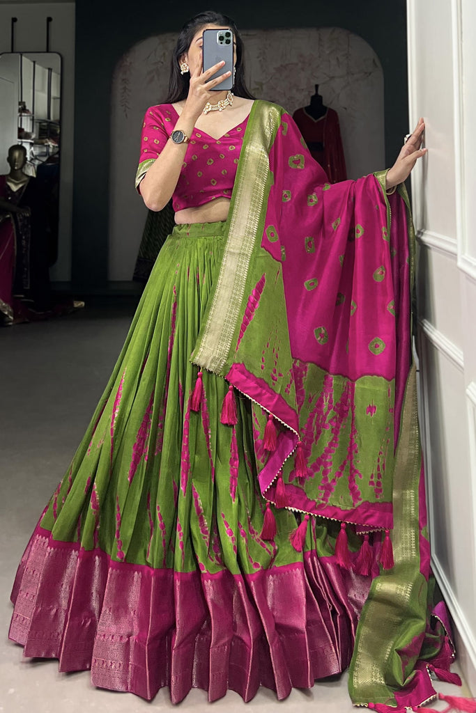 Magnificent Green Shibori Printed Dola Silk Lehenga With Pink Choli