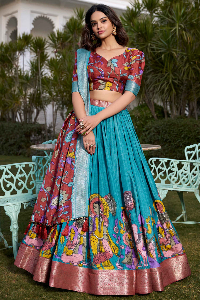 Dear Firozi Blue Kalamkari Print Dola Silk Wedding Wear Lehenga Choli