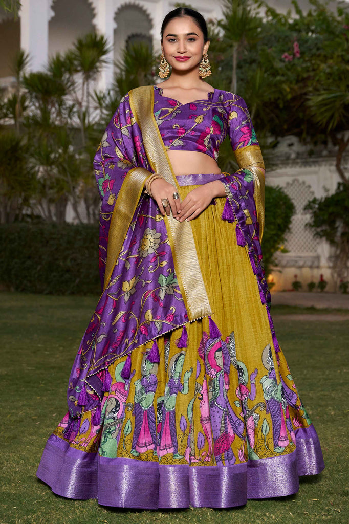 Fabulous Mustard Kalamkari Print Dola Silk Event Wear Lehenga Choli