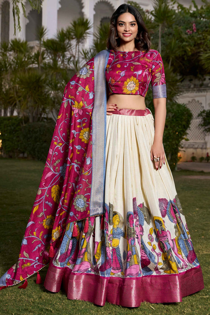 Awesome Off-White Kalamkari Print Dola Silk Traditional Lehenga Choli