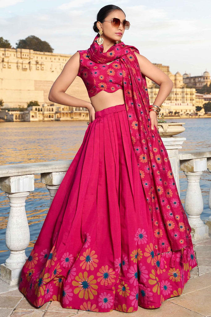 Dazzling Rani Pink Floral Print Tussar Silk Event Wear Lehenga Choli