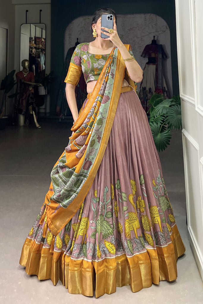 Astonishing Lilac Printed Silk Onam Special Lehenga Choli With Dupatta