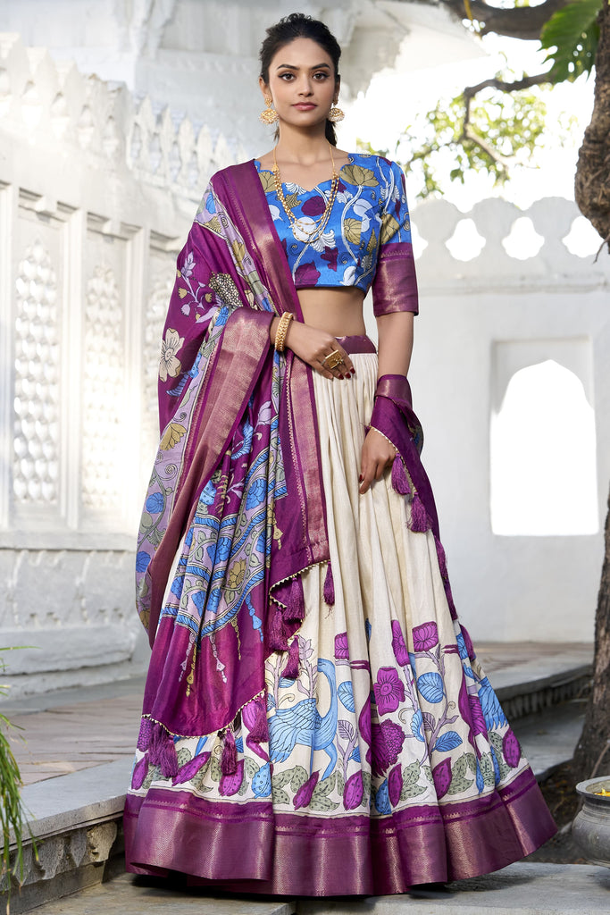 Attractive Off-White Kalamkari Print Dola Silk Festive Wear Lehenga Choli