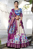 Attractive Off-White Kalamkari Print Dola Silk Festive Wear Lehenga Choli