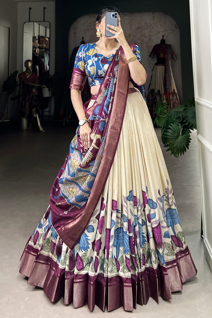 Surprising Off-White Printed Silk Traditional Lehenga Choli With Dupatta