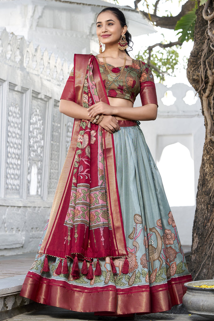 Graceful Sea Green Kalamkari Printed Dola Silk Traditional Lehenga Choli