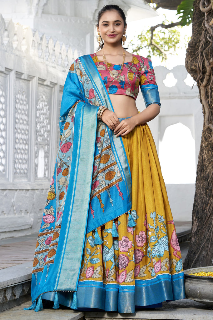 Ravishing Mustard Yellow Kalamkari Print Dola Silk Lehenga With Blouse