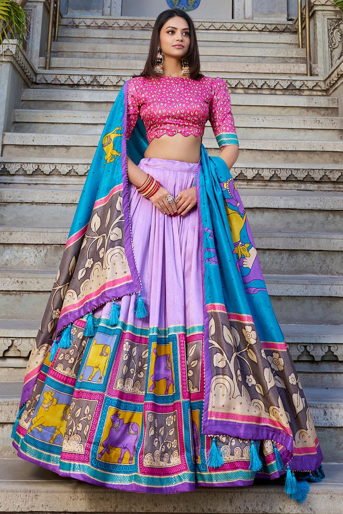 Pretty Lavender Kalamkari Printed Silk Festival Wear Lehenga Choli