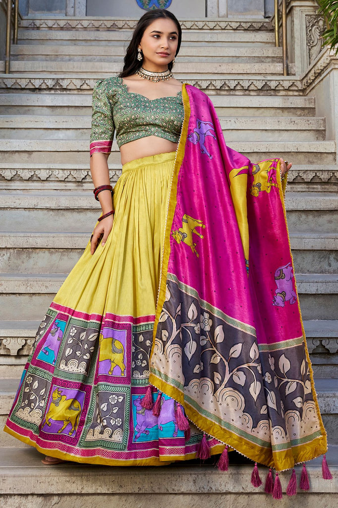 Glamorous Mustard Yellow Tussar Silk Kalamkari Printed Lehenga Choli