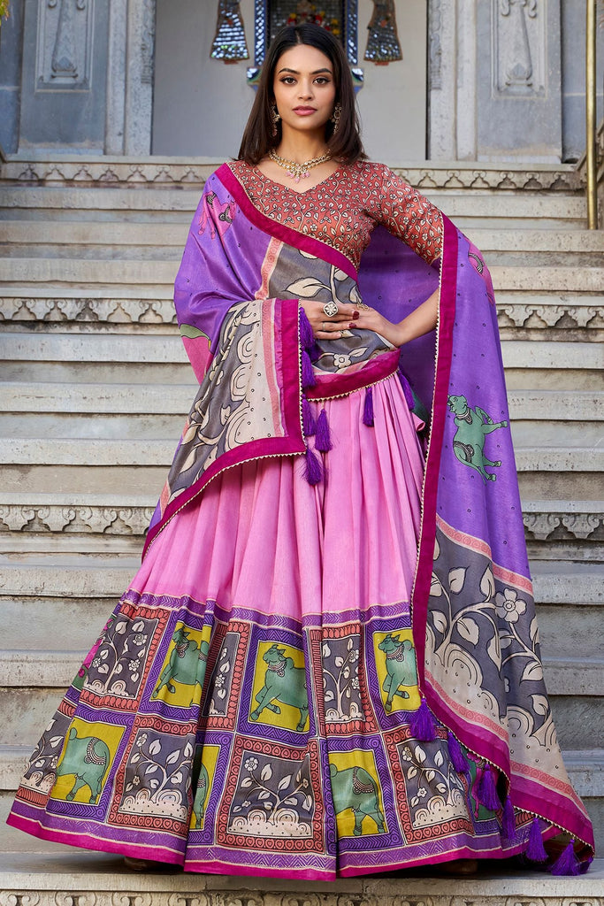 Astonishing Pink Kalamkari Printed Tussar Silk Lehenga Choli