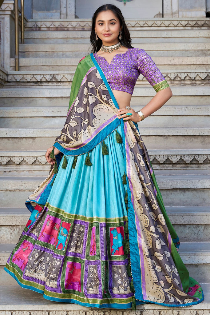 Awesome Sky-Blue Kalamkari Printed Silk Traditional Lehenga Choli