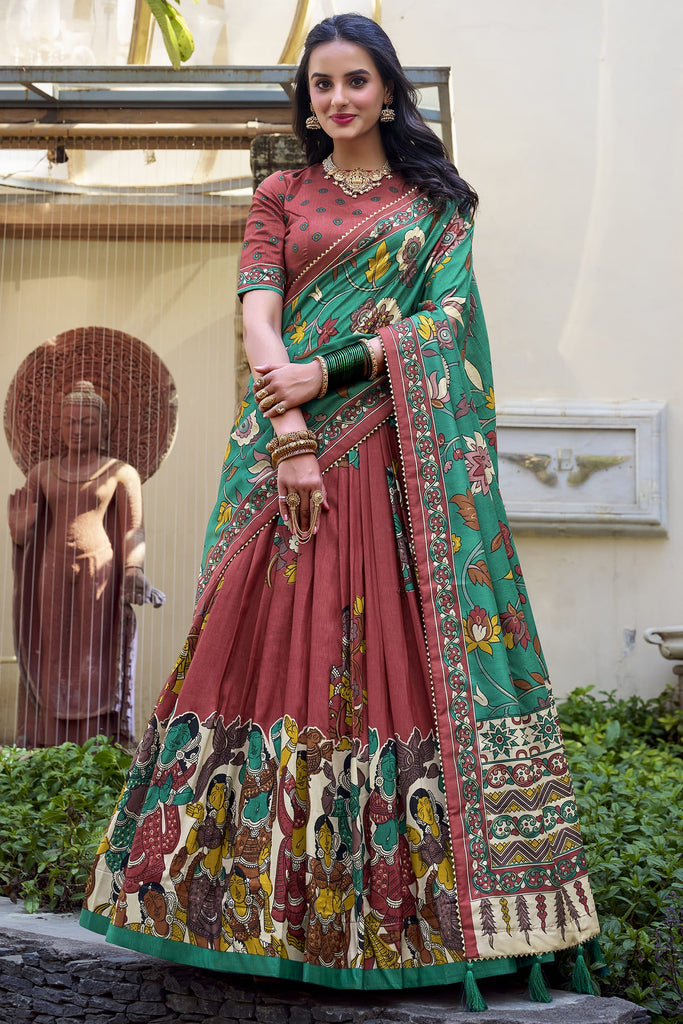 Gorgeous Coral Red Kalamkari Printed Silk Lehenga Choli With Dupatta