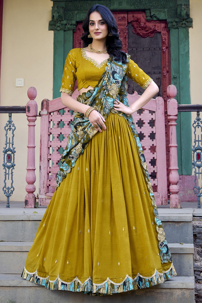 Fabulous Mustard Yellow Sequins Vichitra Silk Haldi Wear Lehenga Choli