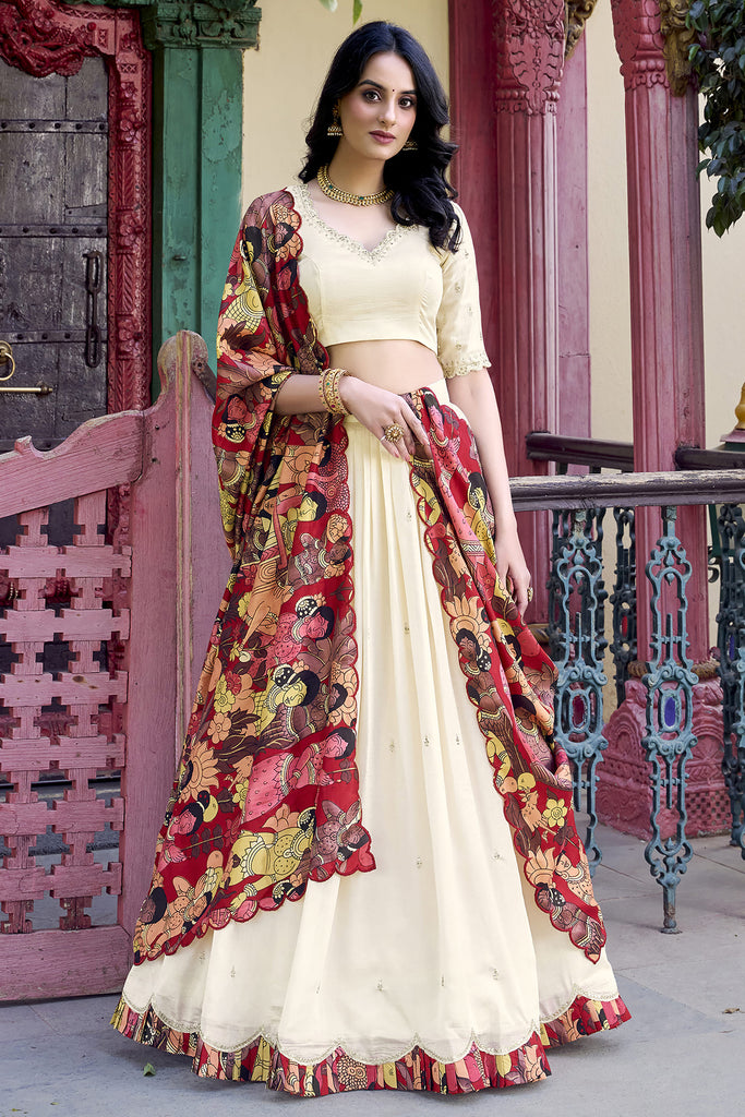 Lovely Off-White Embroidered Vichitra Silk Lehenga Choli With Dupatta