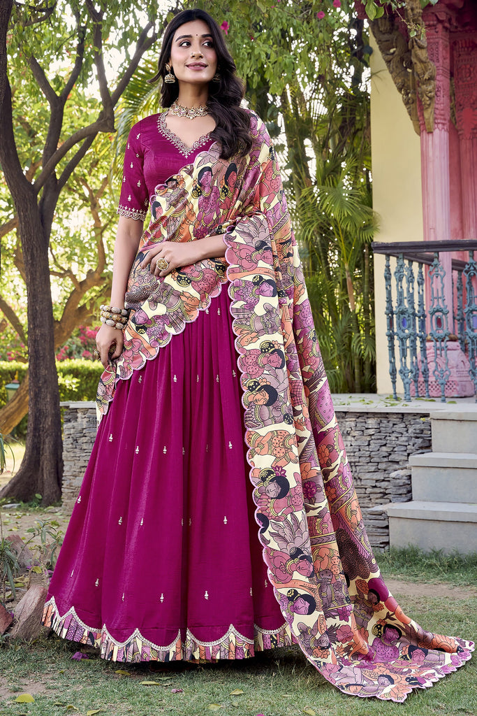 Stunning Pink Thread Work Vichitra Silk Traditional Lehenga Choli