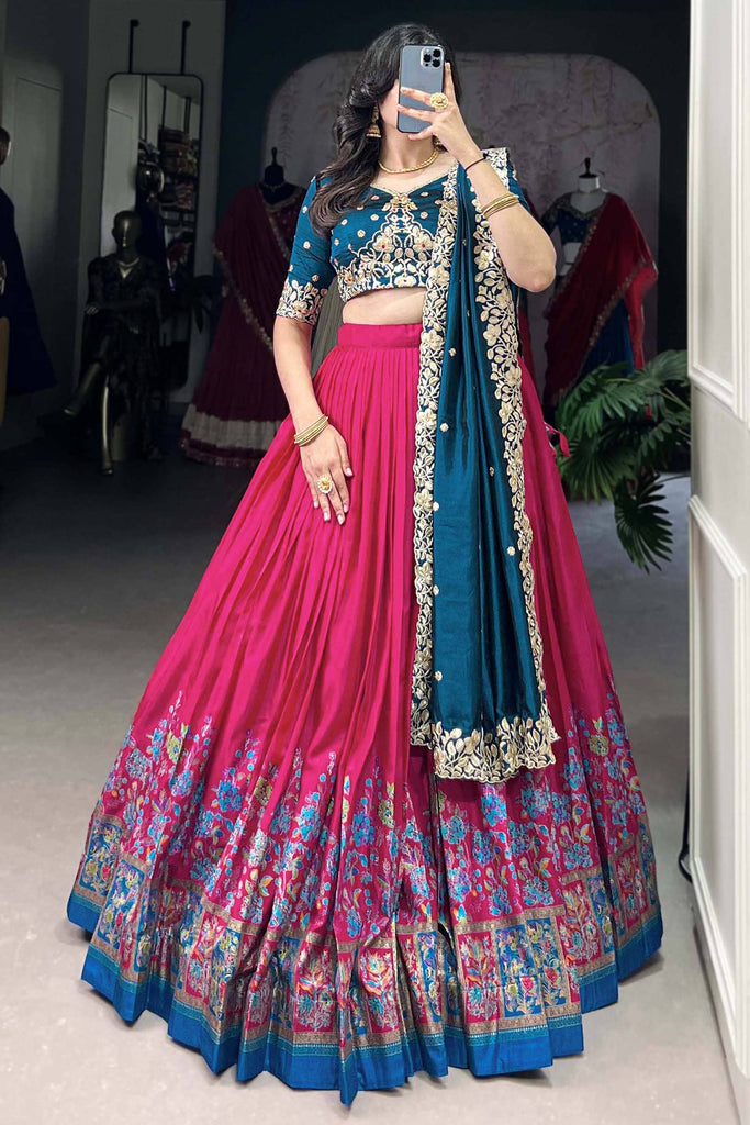 Stunning Pink Floral Print Silk Wedding Wear Lehenga Choli With Dupatta