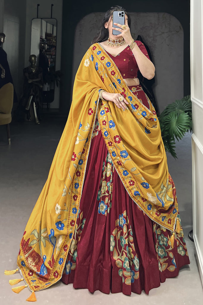Incredible Maroon Floral Printed Tussar Silk Lehenga Choli With Dupatta