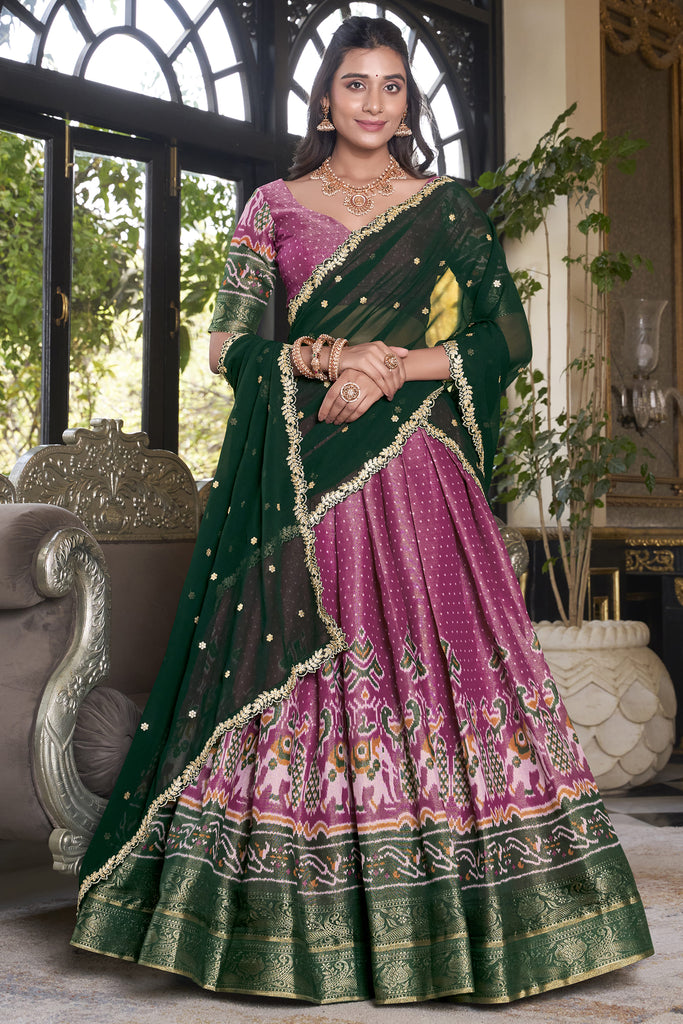 Attractive Pink Ikat Print Silk Lehenga Choli With Dupatta