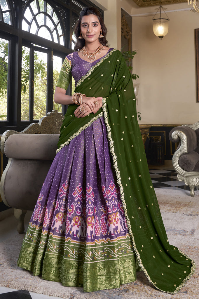 Pretty Purple Ikat Print Silk Traditional Lehenga Choli With Dupatta