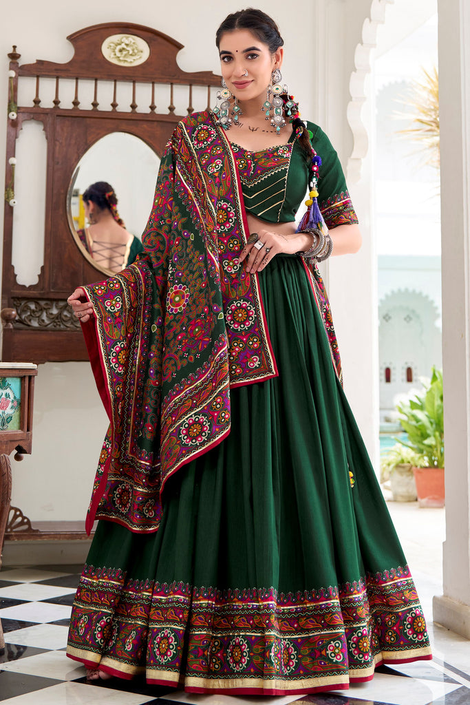 Glamorous Bottle Green Printed Tussar Silk Festival Wear Lehenga Choli