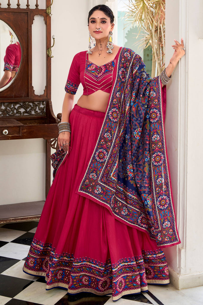 Enchanting Hot Pink Printed Tussar Silk Lehenga Choli With Dupatta