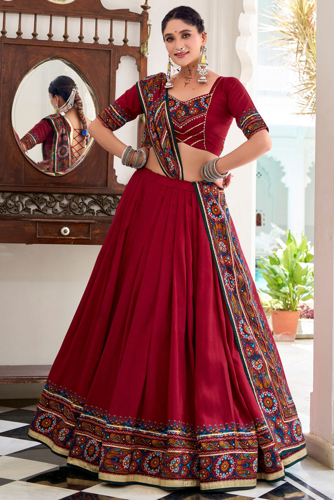 Graceful Red Printed Tussar Silk Traditional Lehenga Choli With Dupatta