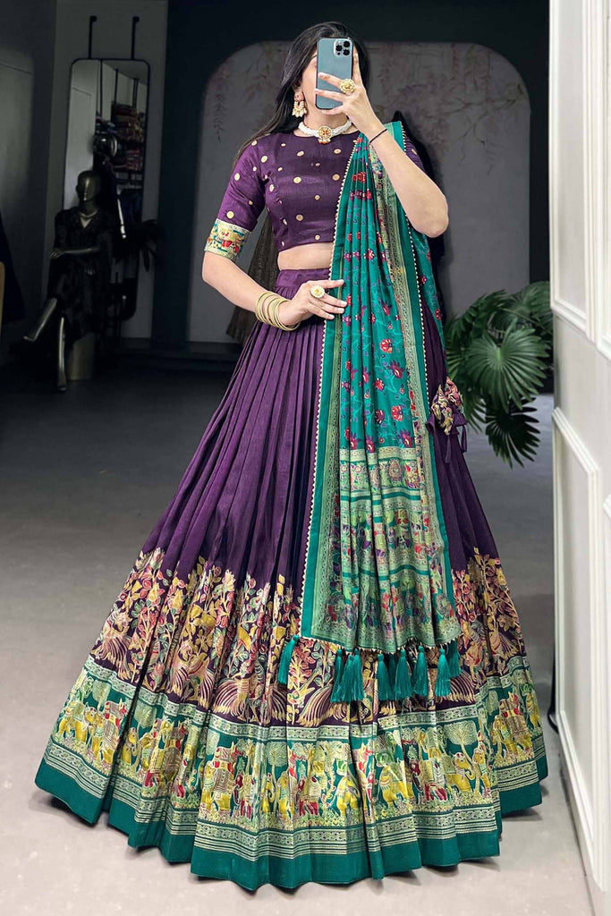 Adorable Purple Foil Work Tussar Silk Lehenga Choli With Dupatta