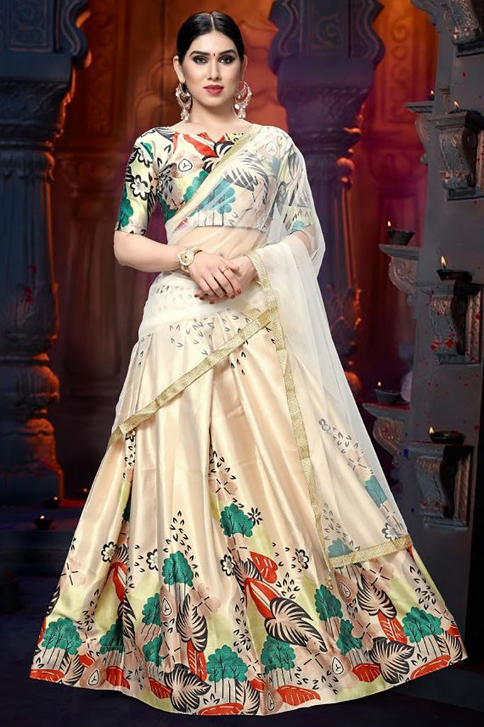 Stunning Cream Printed Satin Festival Wear Lehenga Choli With Dupatta