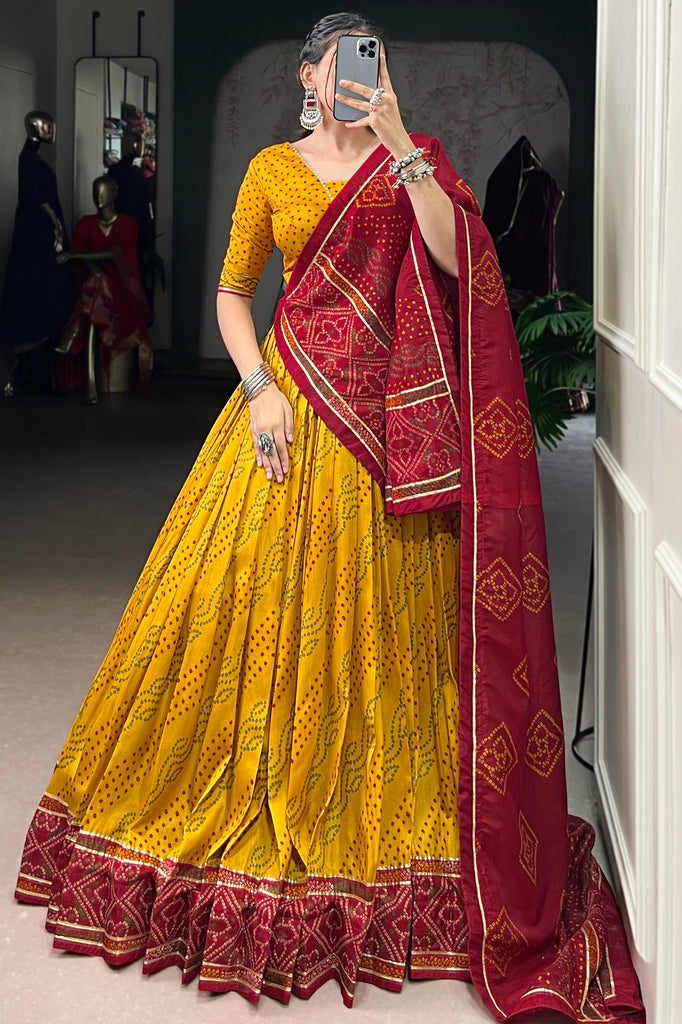 Astonishing Mustard Yellow Badhani Printed Silk Navratri Wear Lehenga Choli 