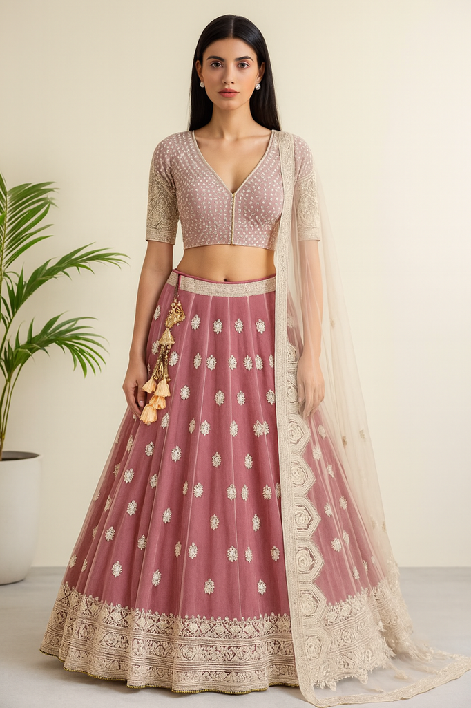 Attractive Pink Embroidered Net Engagement Wear Lehenga Choli With Dupatta