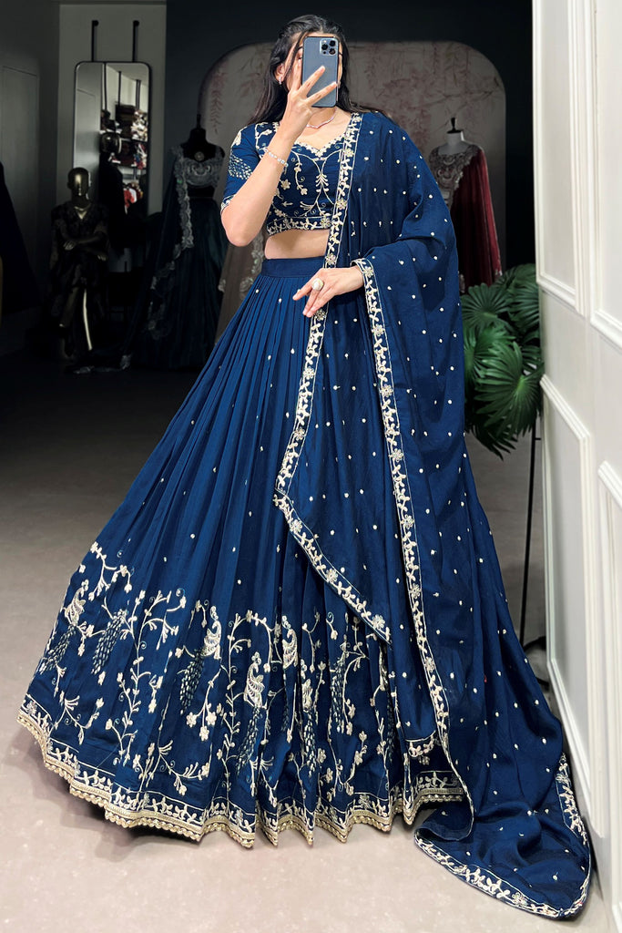 Good-looking Firozi Thread Work Silk Sangeet Wear Lehenga Choli