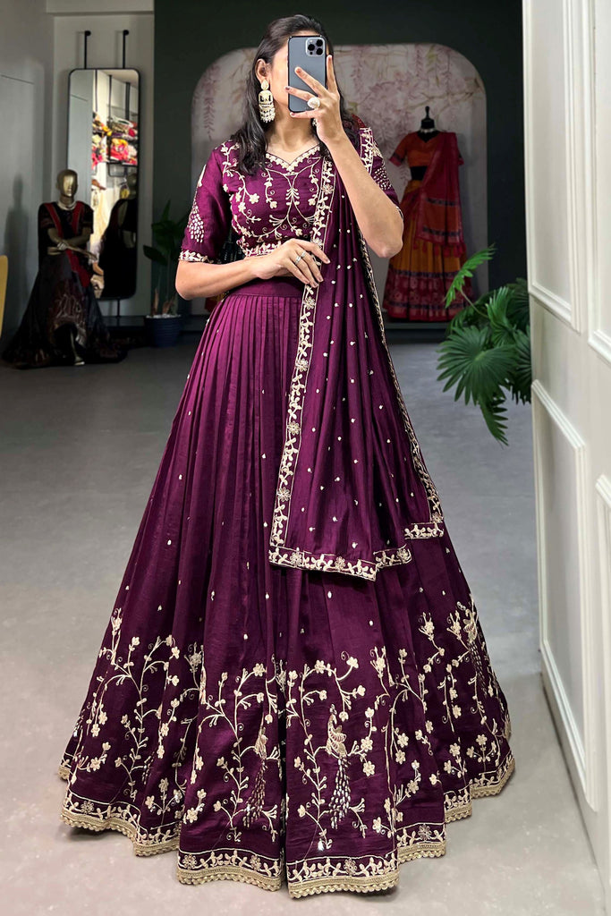 Dazzling Wine Silk Thread Embroidered Festival Wear Lehenga Choli