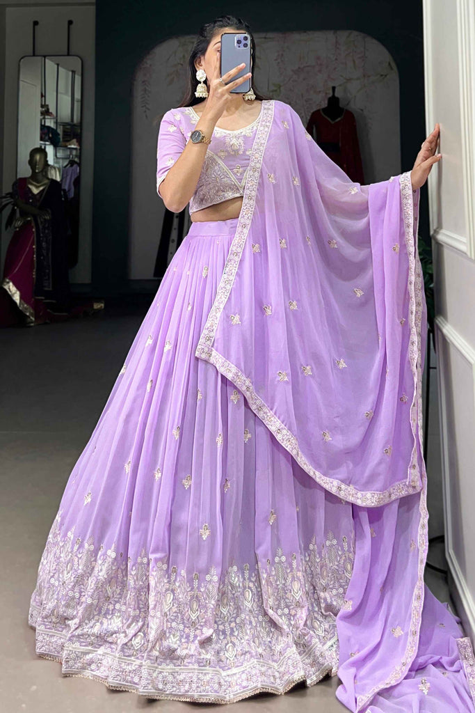 Wonderful Lavender Thread Work Georgette Reception Wear Lehenga Choli