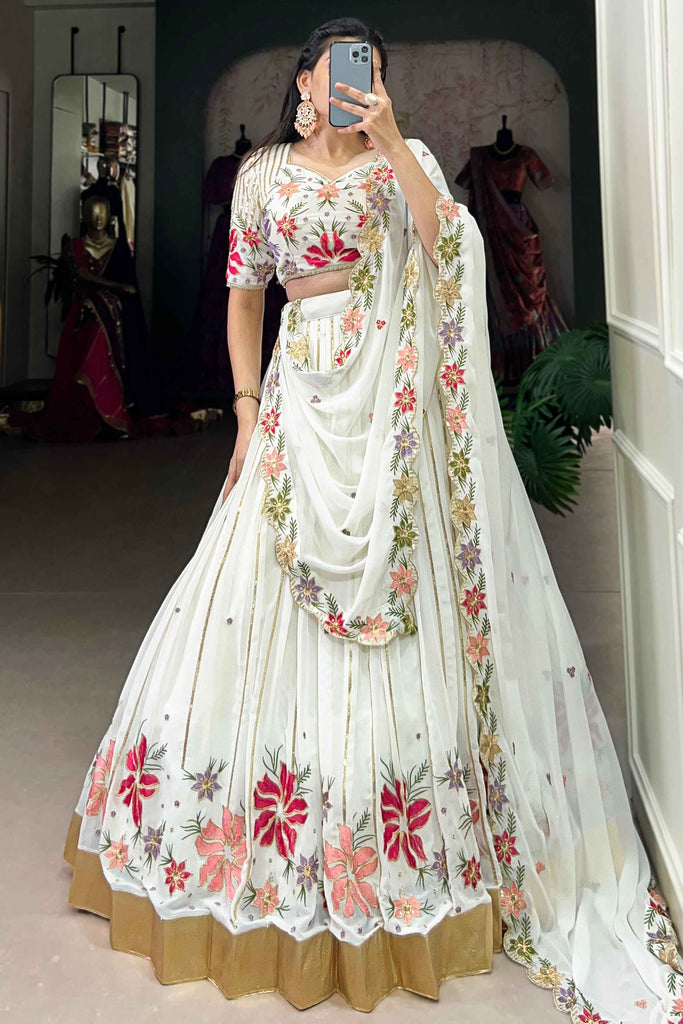 Impressive Off-White Embroidered Georgette Function Wear Lehenga Choli