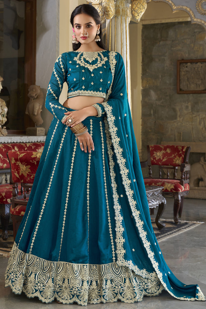 Fabulous Blue Thread Work Silk Wedding Wear Lehenga Choli With Dupatta