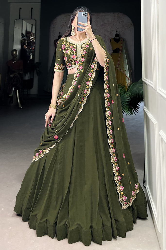 Precious Mehendi Green Thread Work Georgette Mehendi Wear Lehenga Choli