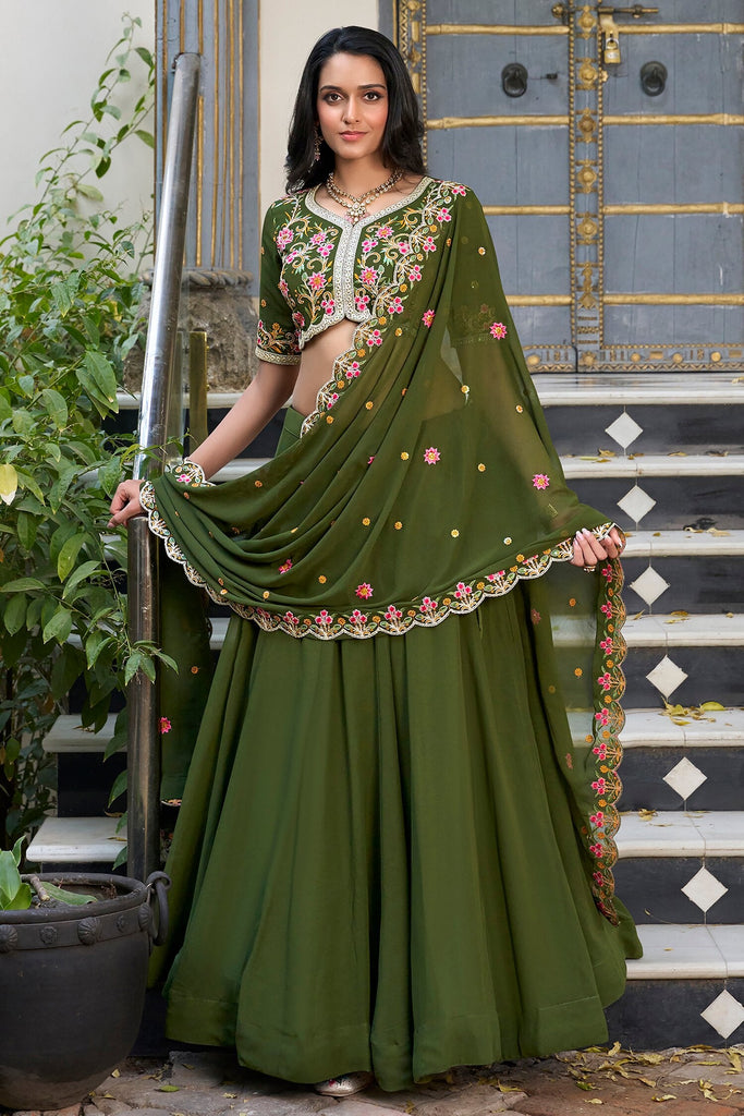 Delightful Green Georgette Mehendi Wear Lehenga With embroidered Choli