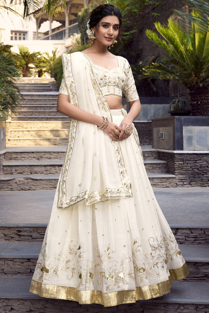 Attractive Off-White Thread Work Silk Wedding Wear Lehenga Choli