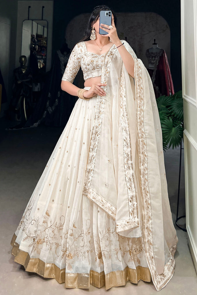 Tantalizing Off-White Sequins Work Silk Wedding Wear Lehenga Choli