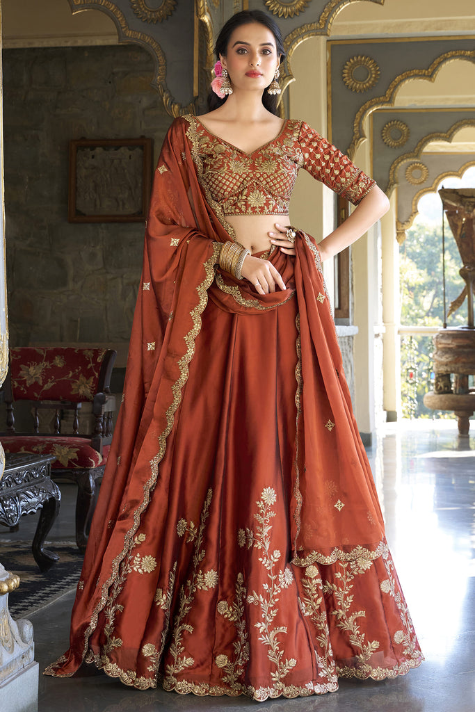 Gorgeous Orange Thread Embroidery Silk Wedding Wear Lehenga Choli