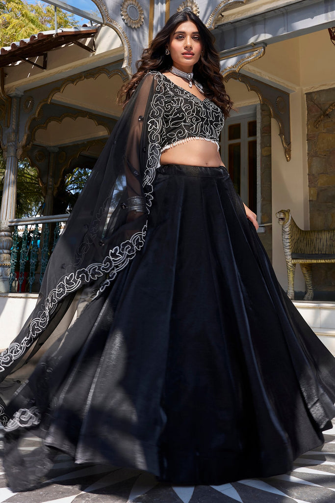 Ravishing Black Satin Reception Wear Lehenga Choli With dupatta