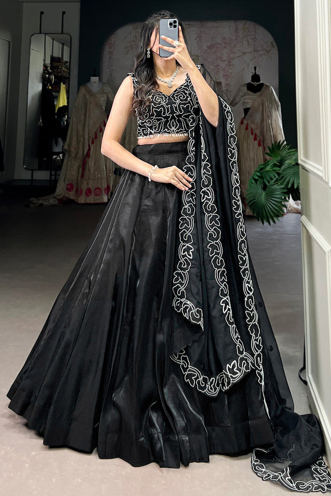 Attractive Black Satin Party Wear Lehenga With Pearl Work Blouse