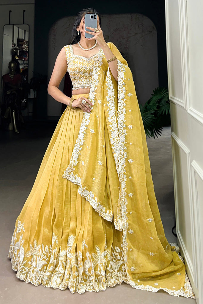 Fascinating Yellow Thread Embroidered Haldi Wear Lehenga Choli