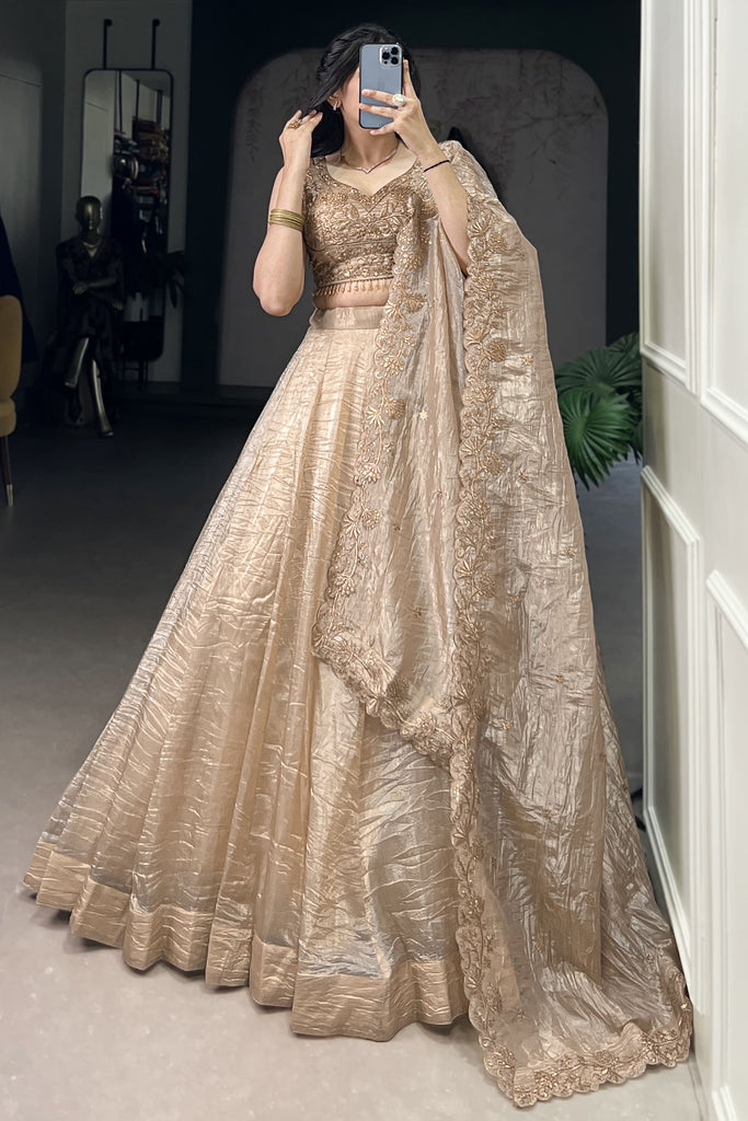 Beautiful Golden Sequins Organza Wedding Lehenga Choli With Dupatta