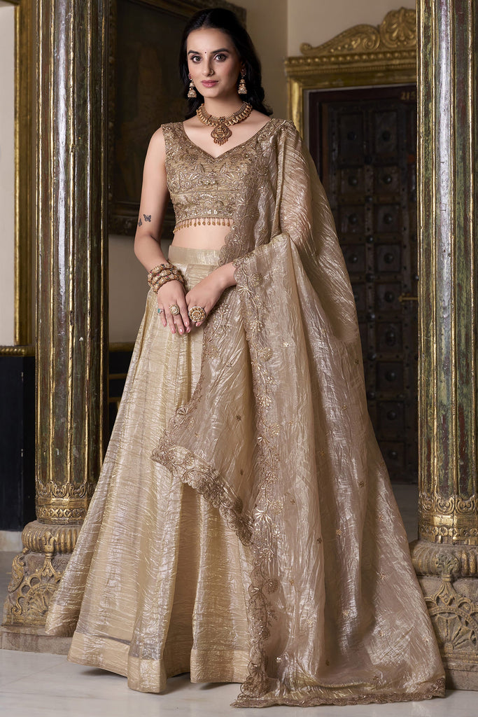 Ravishing Beige Sequins Organza Wedding Lehenga Choli With Dupatta