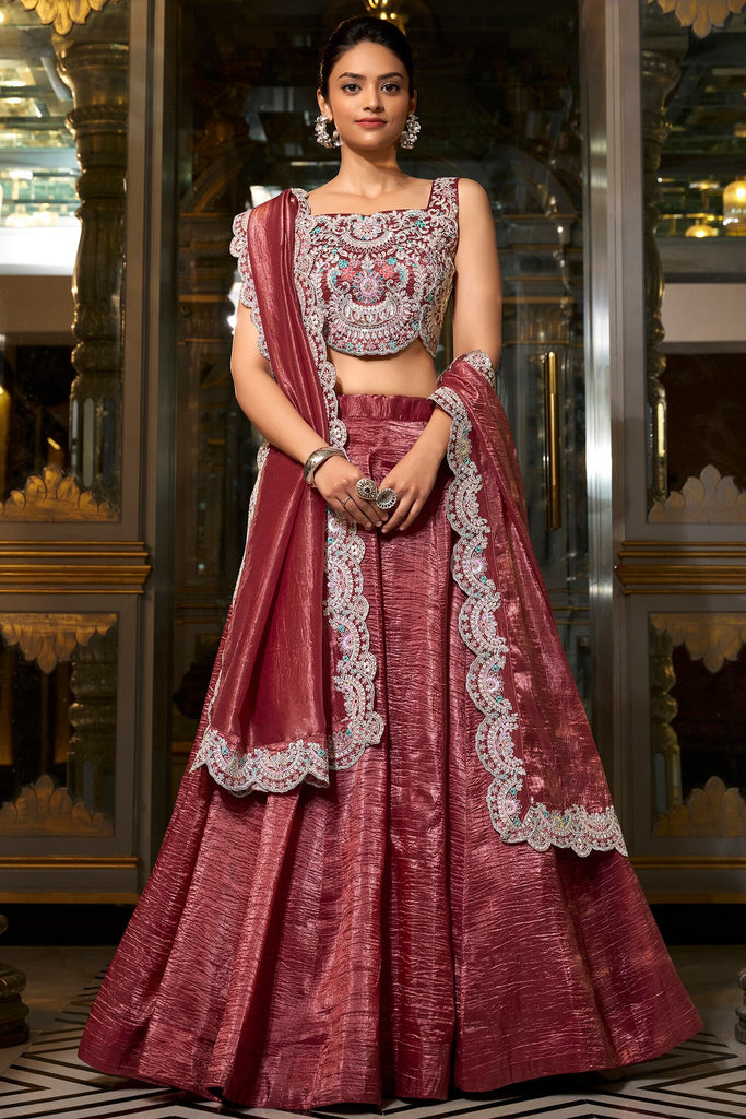 Impressive Burgundy Thread Embroidered Crushed Lehenga Choli